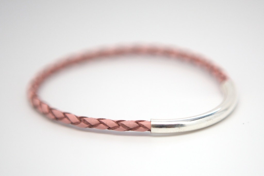 One Single Braided Leather and Sterling Silver Bangles