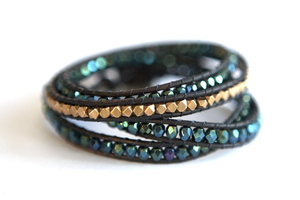 Four Wrap Leather Bracelet with Blue Green Gold Beads and Bronze Button