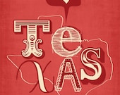 Texas Print Art Wall Hanging "I Heart Texas"  Map Print Wall Decor, State of Texas Wall Hanging in Red, Blue or Yellow