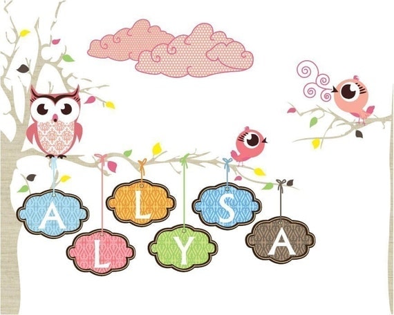 Baby Girl Gift Room Decor, Kids Art Nursery Print, Baby Girl Wall Decor, Personalized Children's Custom Name Owl Print