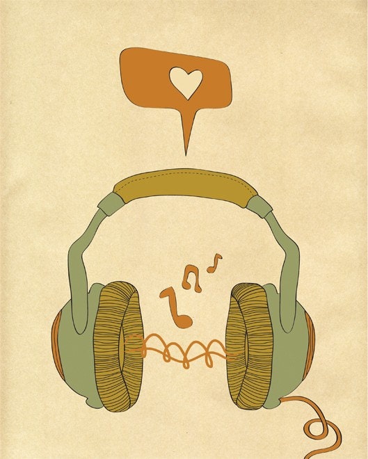 Music Art Print, Digital Print Wall Decor, "MUSIC" Giclee Print Artwork, Music Love Giclee Print, Retro Music Headphones Giclee Print