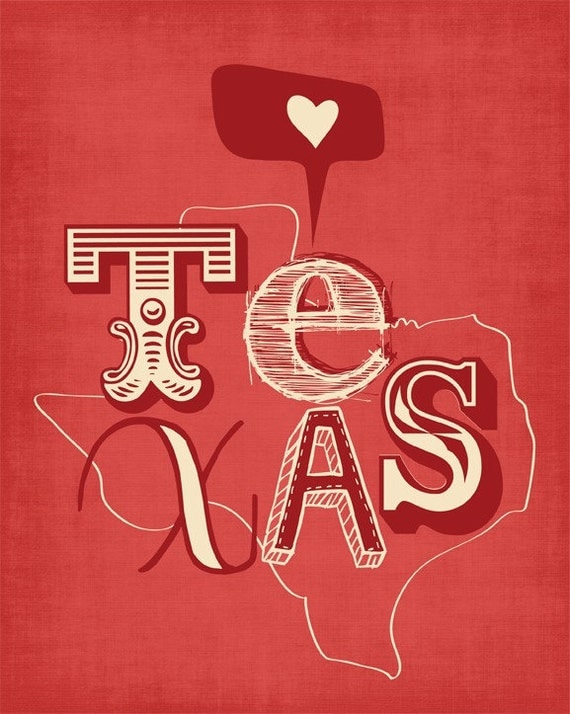 Texas Print Art Wall Hanging "I Heart Texas"  Map Print Wall Decor, State of Texas Wall Hanging in Red, Blue or Yellow