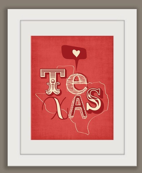Texas Print Art Wall Hanging "I Heart Texas"  Map Print Wall Decor, State of Texas Wall Hanging in Red, Blue or Yellow