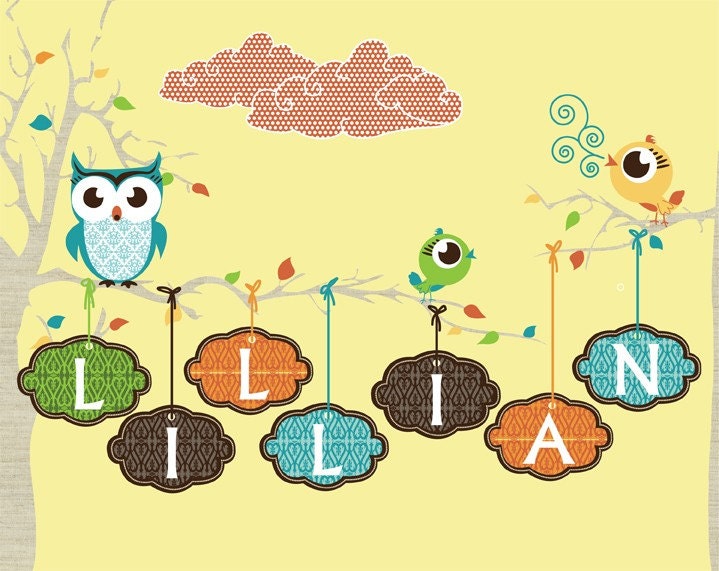 Woodland Baby Shower Nursery Decor, Personalized Baby Shower Custom Names Owls Print, Personalized Woodland Baby Art (Yellow, Pink, or Blue)