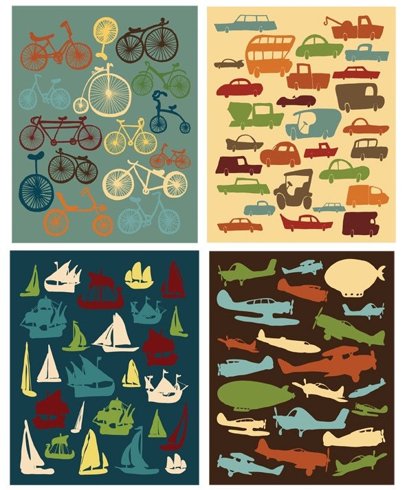 Boys Print Art, Cars Print, Bikes Print, Airplanes & Boats Art, Boys 5x7 Children's Art, Digital Art Kids Prints Set, Boys Bedroom Prints