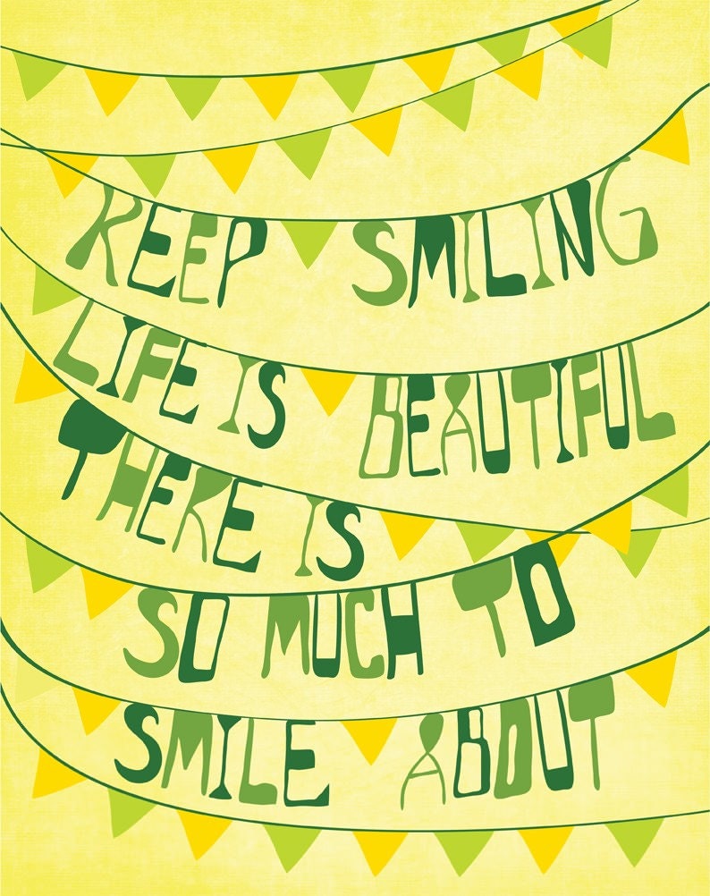 Typographic Poster, Positive Quote Print "Keep Smiling" Positive Saying, Yellow, Green Positive Typographic Artwork Poster