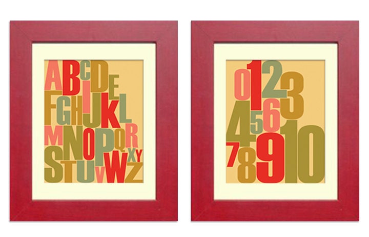 Alphabet Letters and Numbers Prints, Wall Hanging, Alphabet Letters Wall Art, ABCs Nursery Wall Art Prints, Red Letters, Numbers Prints