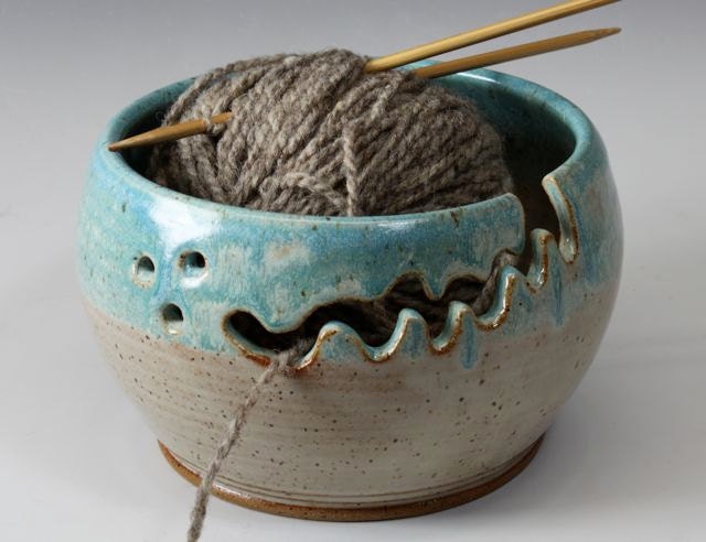 Bridges Pottery Yarn Bowl Knitting Creme and Turquoise Showcased by Vogue KNitting IN STOCK