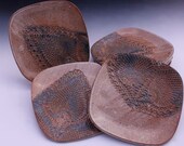 Bridges Pottery Set of Fout (4) patterned square plates Cinnamon and Blue