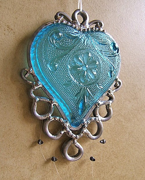 Azure Love - Retro heart-shaped dish upcycled into a Windchime
