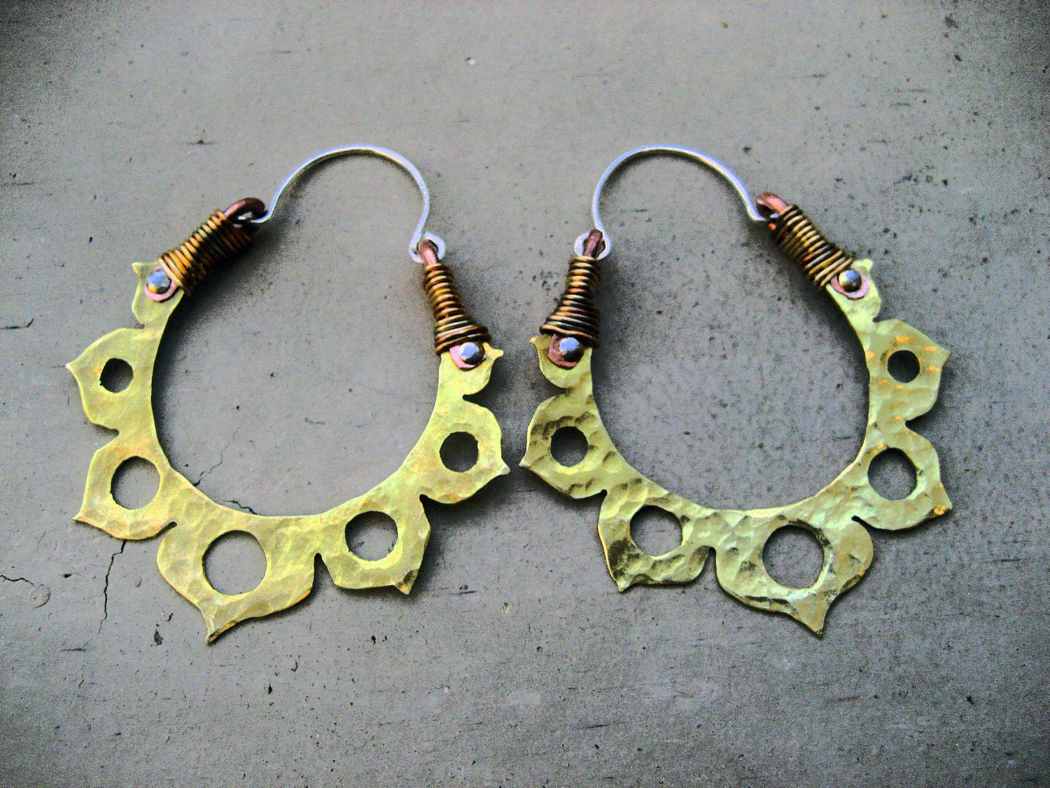 Lotus Flower Hoop Earrings, Yoga inspired, Mixed Metal, Meditation Jewelry, Golden, Gypsy