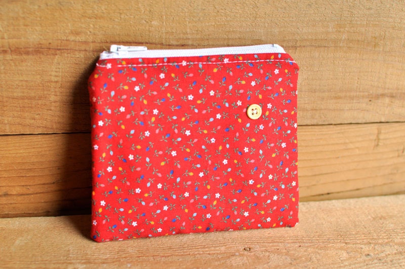 Red Floral Zipper Pouch with Little Yellow Button