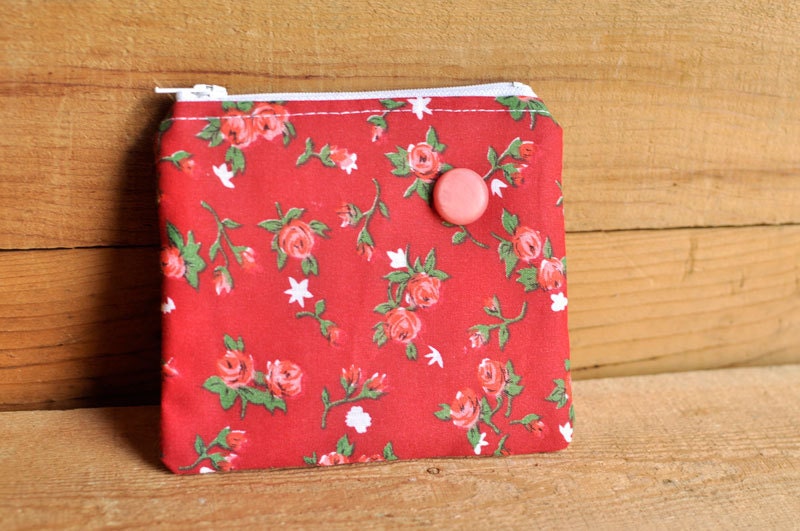 Red Floral Zipper Pouch with Pink Vintage Button