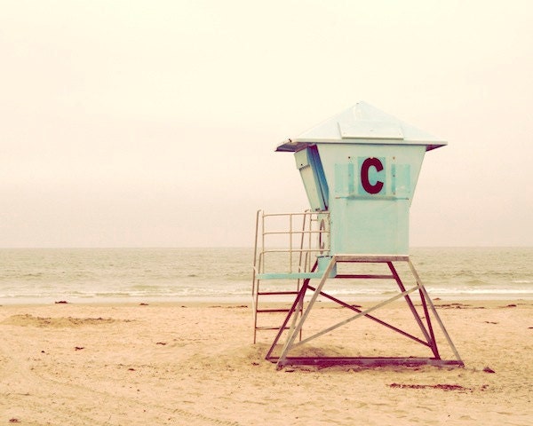 Pastel beach, sandy, yellow, teal, mint, life guard, california, san diego, summer, clean, white, fine art photograph 5"x7"