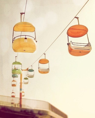 Santa Cruz boardwalk, sky tram, rainbow color, pink, yellow, green, beach, california, fine art photograph 8"x10"