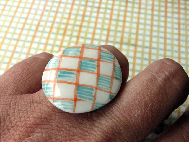 Orange green rhombs-lines porcelain adjustable ring