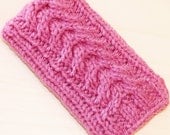 Pink Cable Knit iPhone Droid iPod Touch Android Smartphone Cozy, Case Holder Sleeve Handmade Knitted Cabled Mauve Rose Blush
