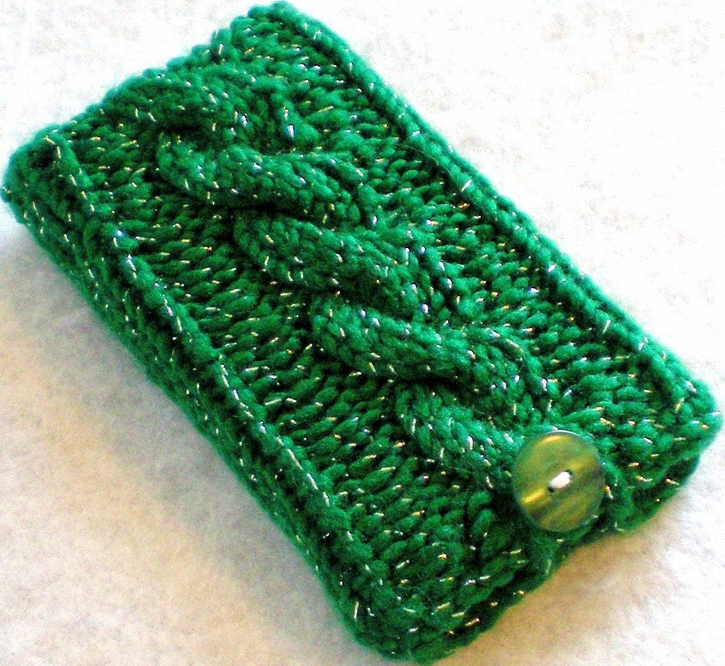 Sparkling Pine Green Cable Knit iPhone Droid iPod Touch Android Smartphone Cozy, Case Holder Sleeve Handmade Evergreen Tree Cabled Knitted