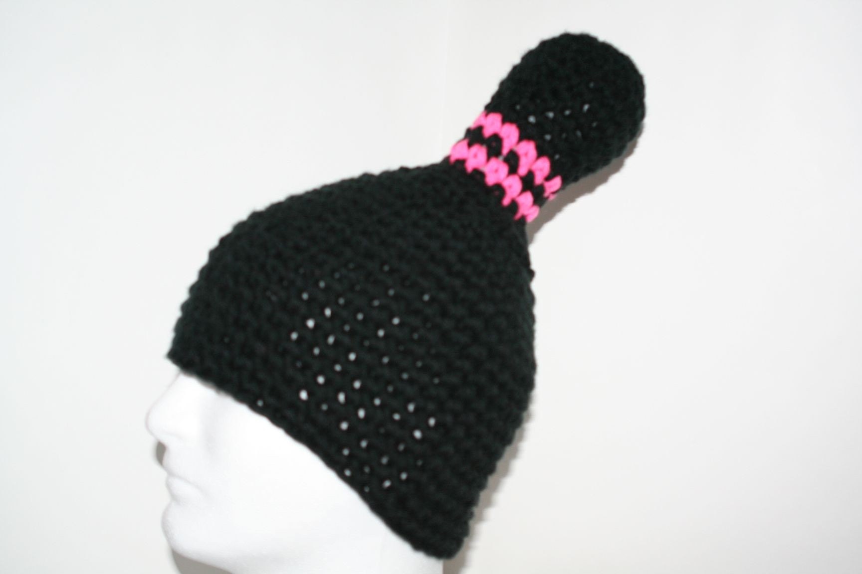 Unique handmade hat for the bowler or bowling fan made to look like a bowling pin black and hot pink