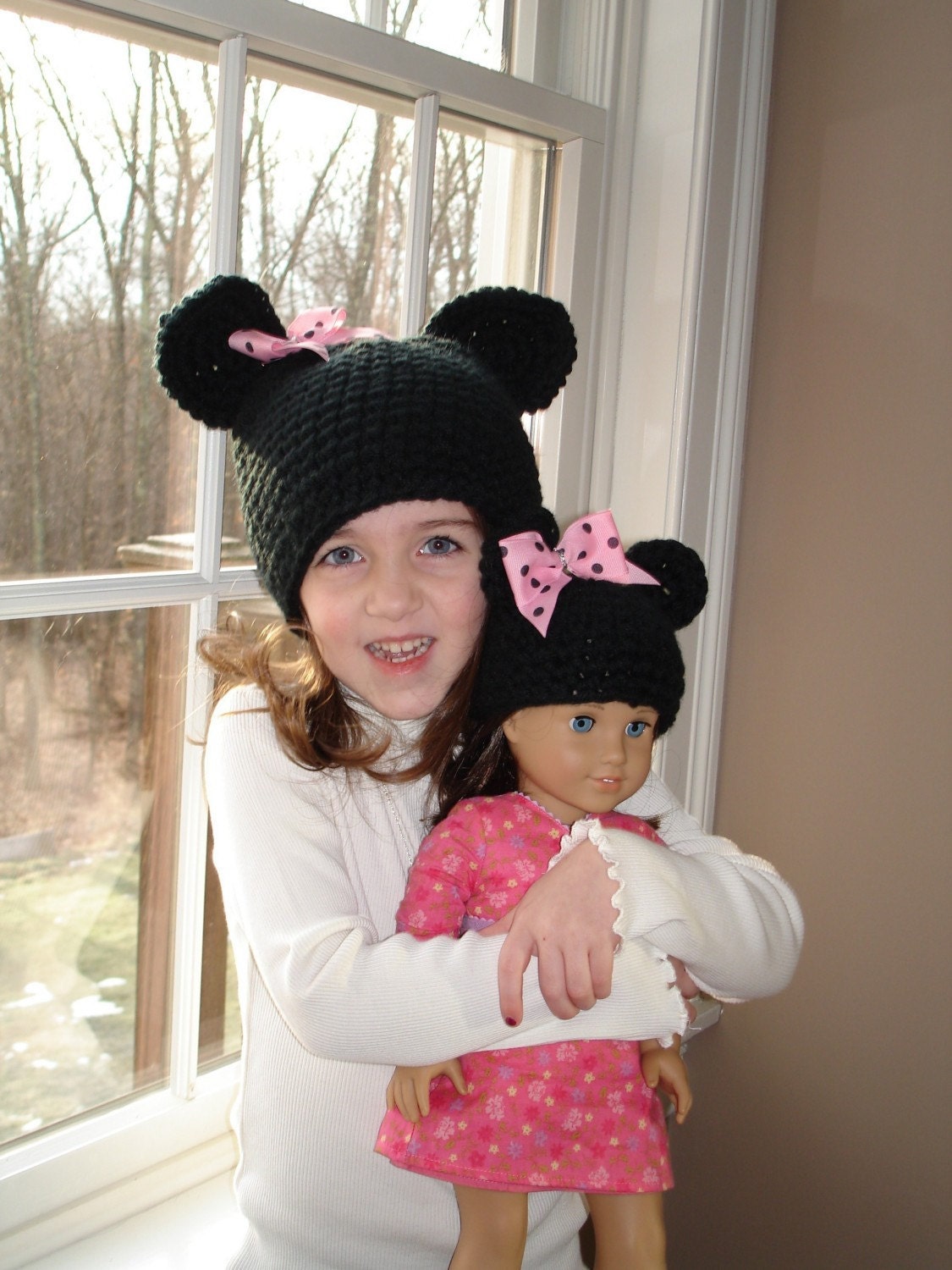 Just like me hat set  for your child and her American girl doll - 2 handmade black hats with mouse ears and bow