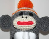 Adult size Orange sock monkey hat - unique handmade character hat made to look like a sock monkey in heather gray