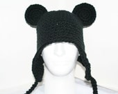 Adult size unique handmade black winter hat with mouse ears, ear flaps and ties or braid