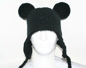 Adult size unique handmade black winter hat with mouse ears, ear flaps and ties or braid