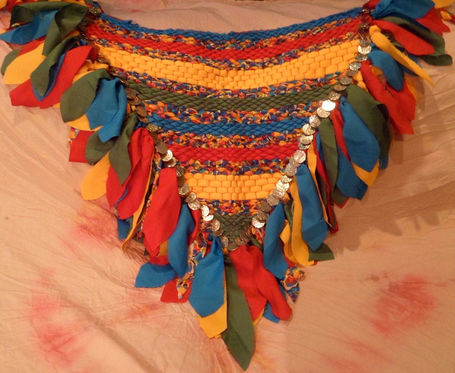 Parrot Feathers woven hip scarf, belly dancing, faerie cosplay (size medium)