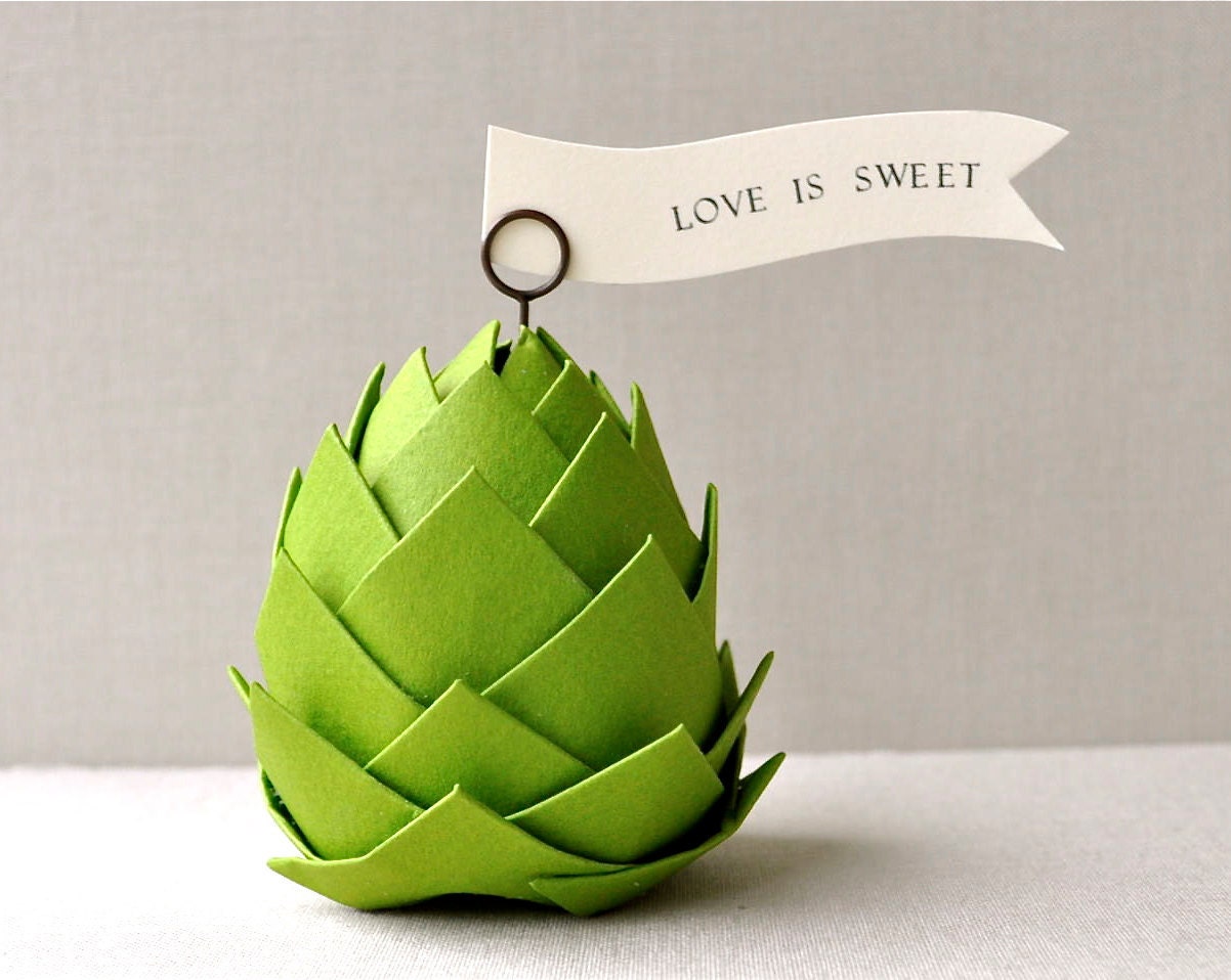 Paper artichoke Wedding/shower decorations and favors. Pine cone ornament, pinecone. Set of 4