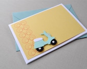 Scoot on over blank greeting card.  Scooter, moped, circles, aqua, retro look, yellow, teal, turquoise, white.  (1 card)