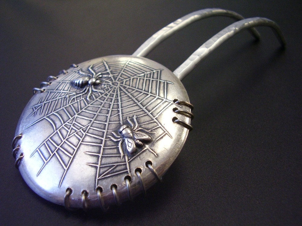 Made to Order Metal Hair Fork - Lullaby Rhodium plated Fly and Spider Stamping on aluminum silver tone hair pin, hair stick