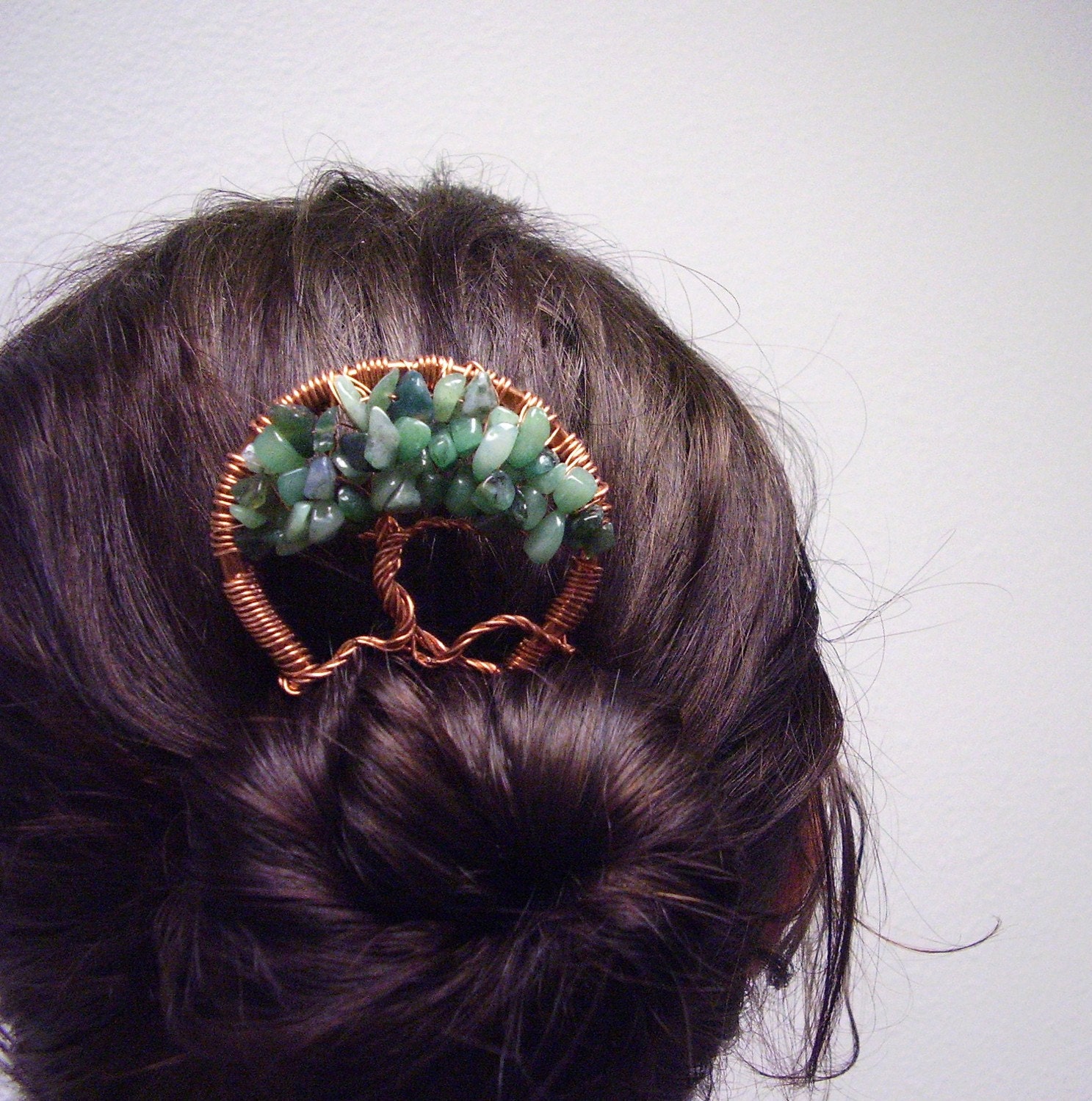 Made to Order Metal Hair Fork - Copper and evergreen moss agate stone tree