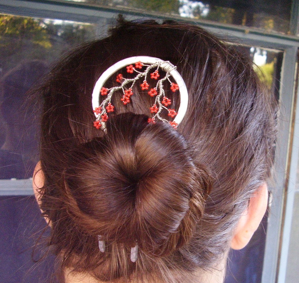 Made to Order Metal Hair Fork - Red Aluminum Blossoms