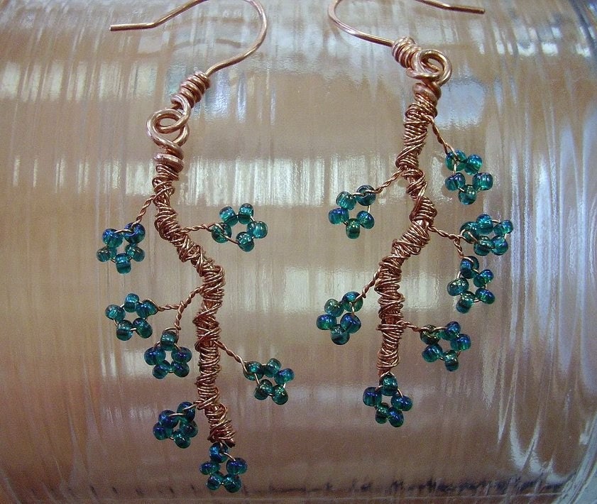 Earrings - Copper and Blue Cherry Blossoms