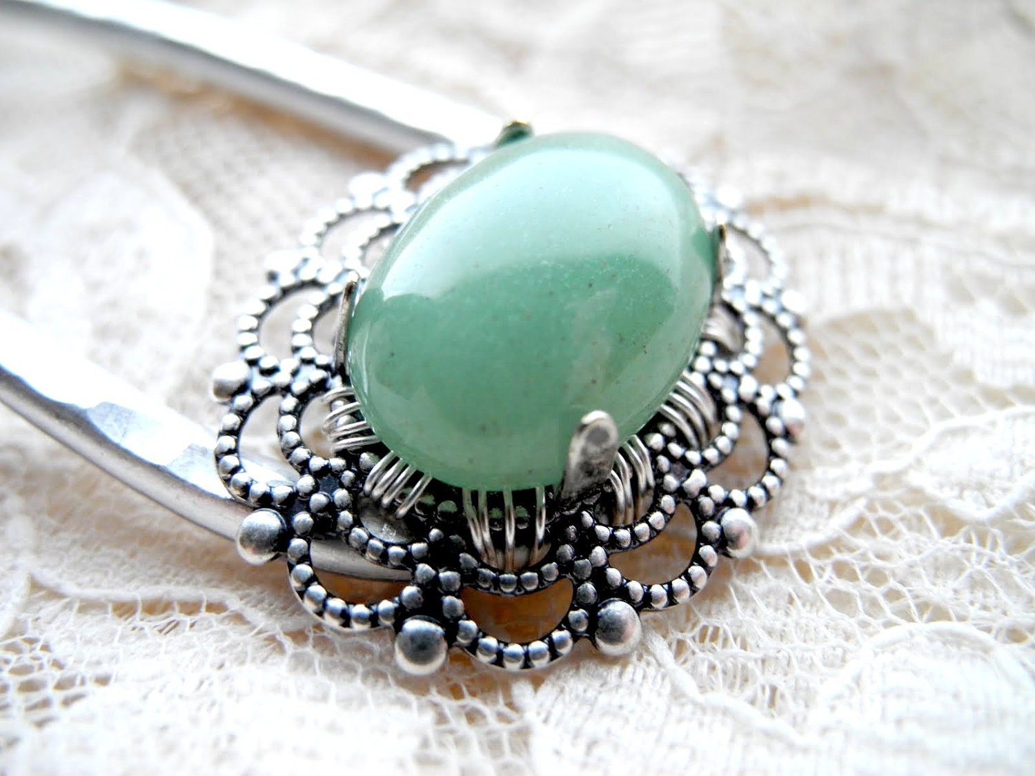 Made to Order Metal Hair Fork - Green Aventurine Cabochon, silver tone hair pin, hair stick