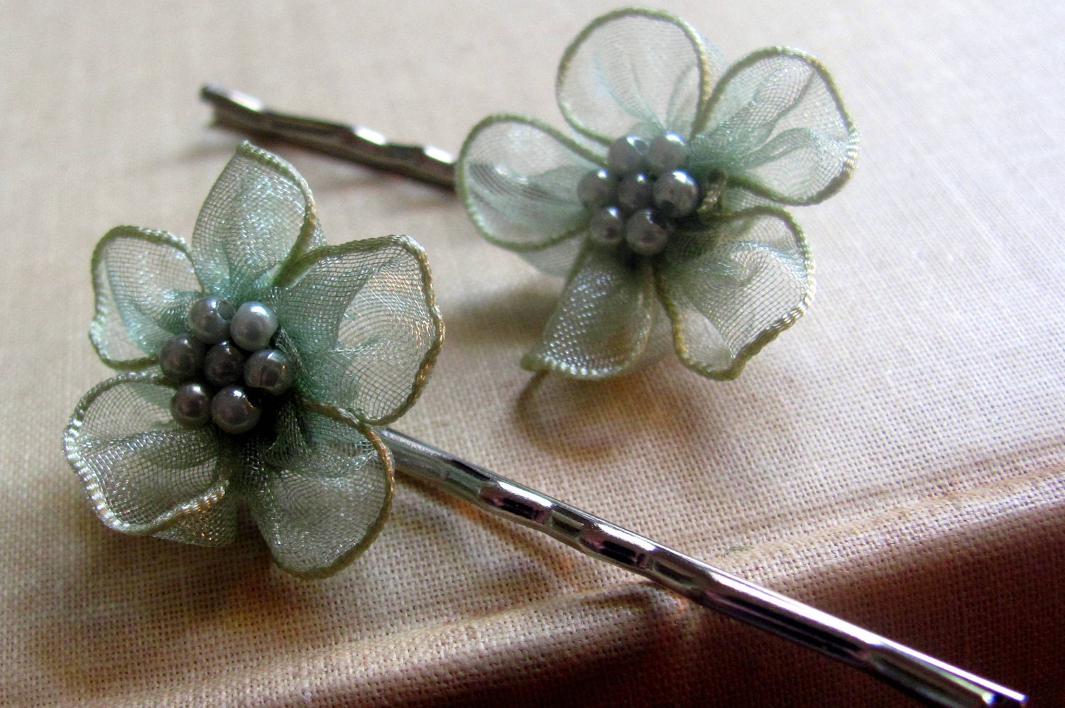 Celedon Green Blossom and Pearls Bobby Pins