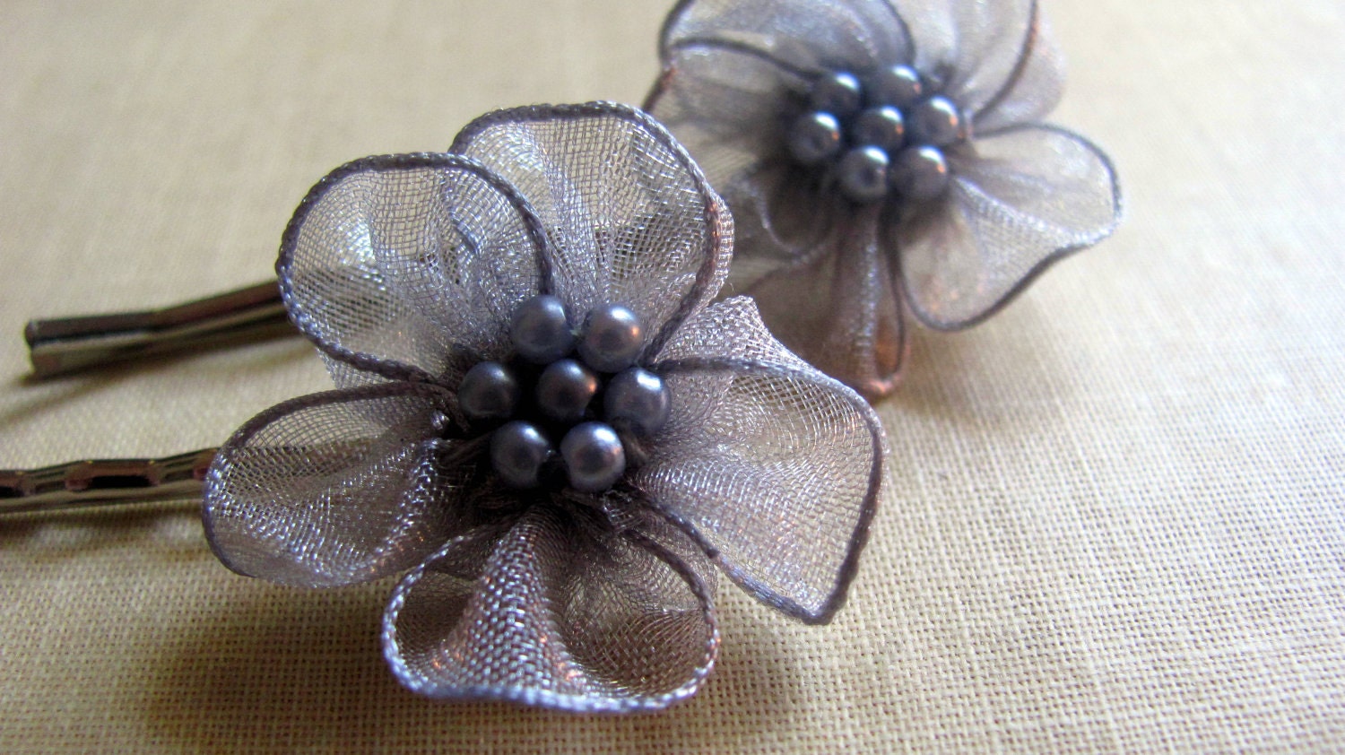 Sheer Grey Blossom and Pearls Bobby Pins