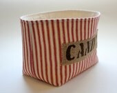 Country Farmhouse Fabric Basket in Red Stripe Ticking - Candy Burlap Label - Small