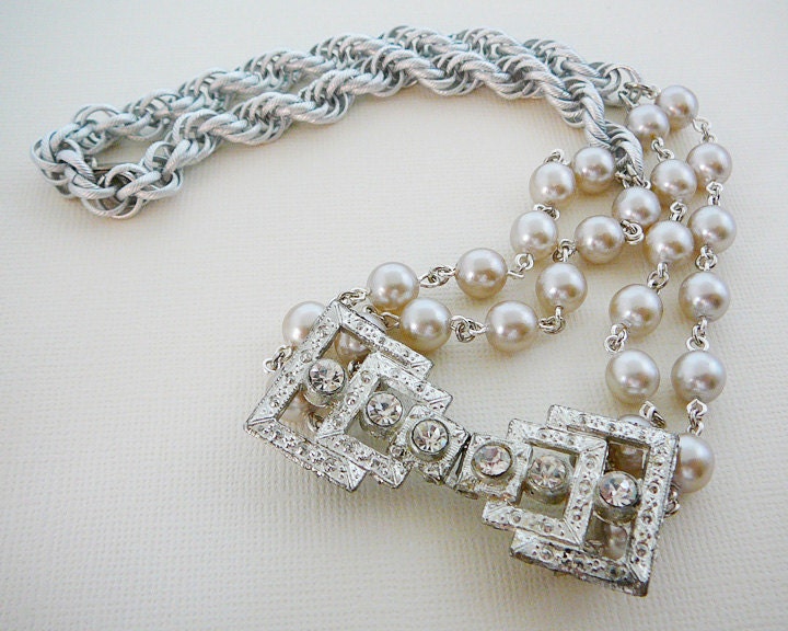 Necklace, Rhinestone Buckle, Squared Vintage Focal and Japan Glass Pearl, Deco Delight