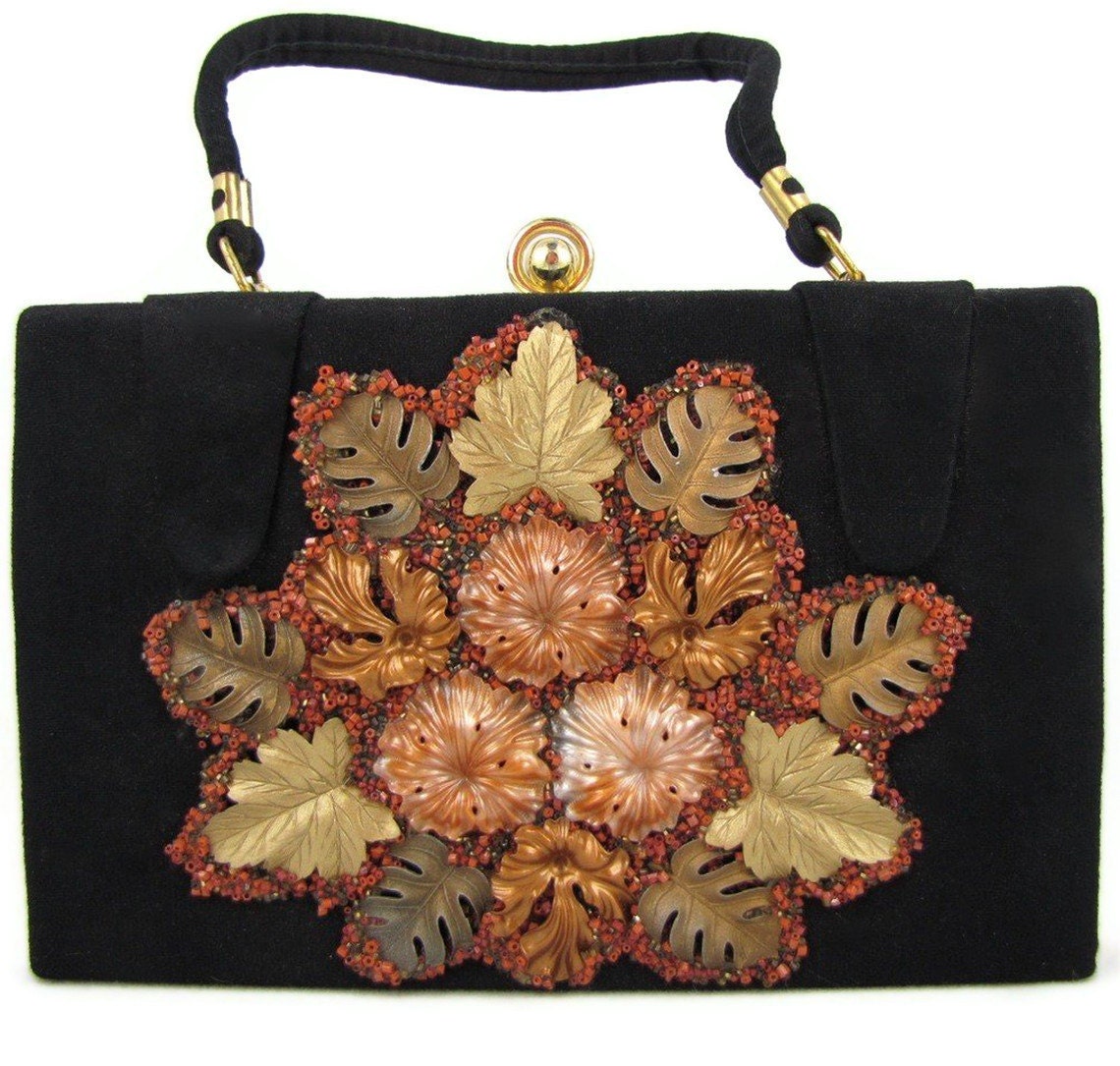 FINAL CLEARANCE - Leaf Bag - Vintage 1950s Leaves and Beads Black Handbag, Beautiful Bronze & Brown Nature Motif, Great Purse for Fall