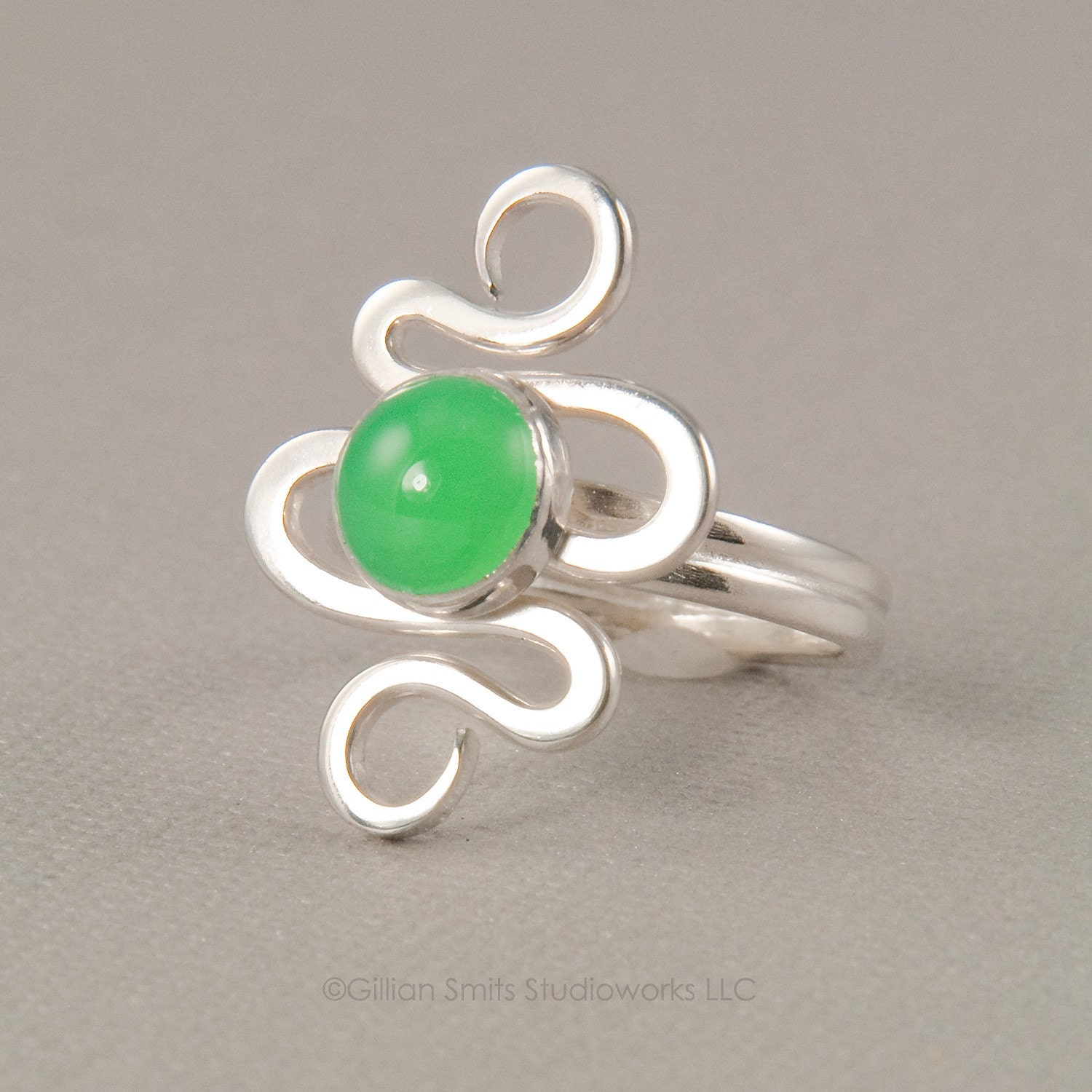 Chrysoprase ring, green stone ring, funky swirl ring, green jewelry, modern jewelry, unique handmade jewelry