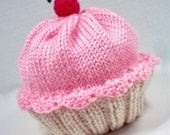 Handmade hand knit Cupcake Hat with Cherry on Top Vanilla Cream Cake Cotton Candy Frosting