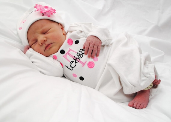 Baby Girl Personalized Polka Dot Gown and Beanie Hat Set with Flower