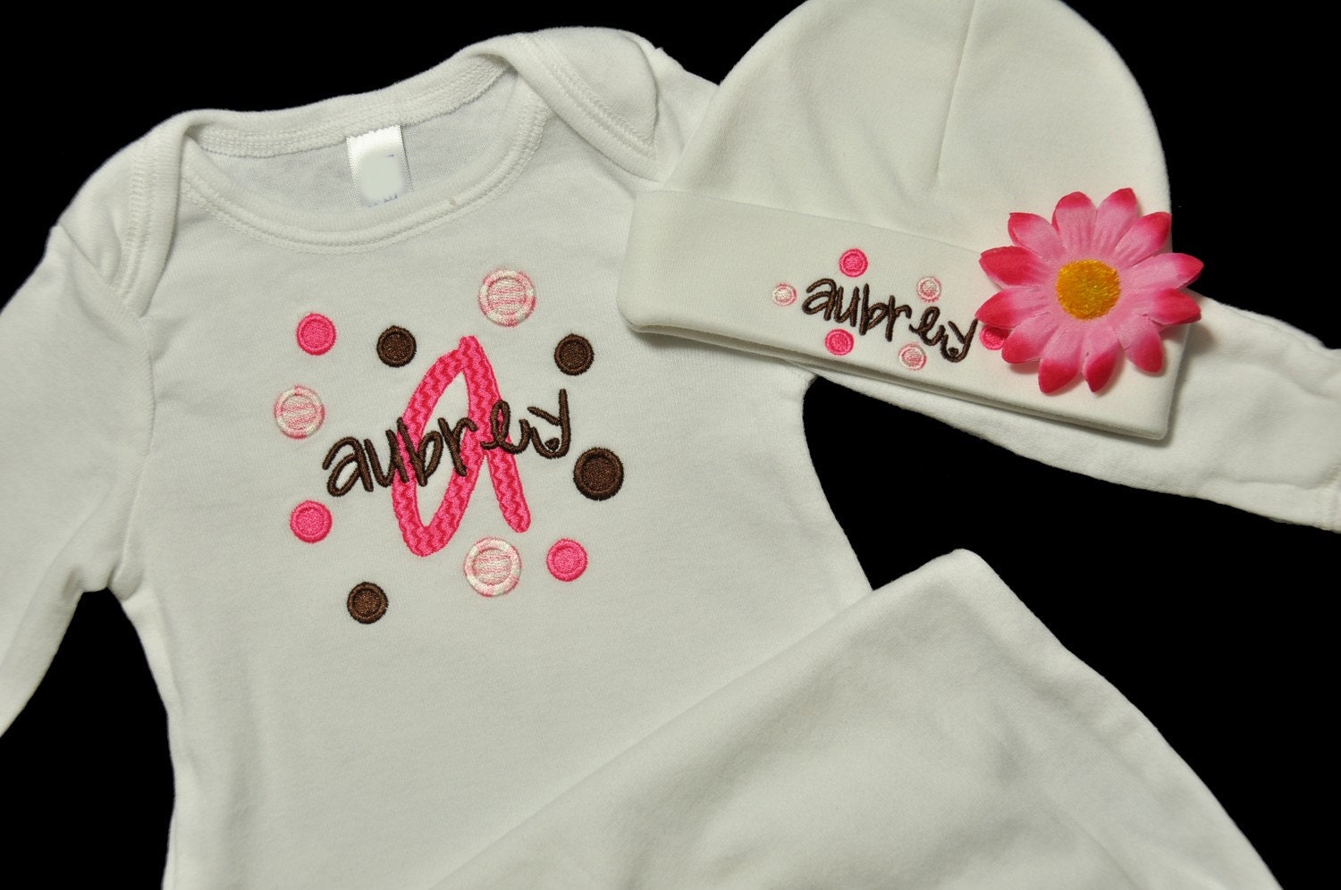 Baby Girl Personalized Polka Dot Gown and Beanie Hat Set with Flower