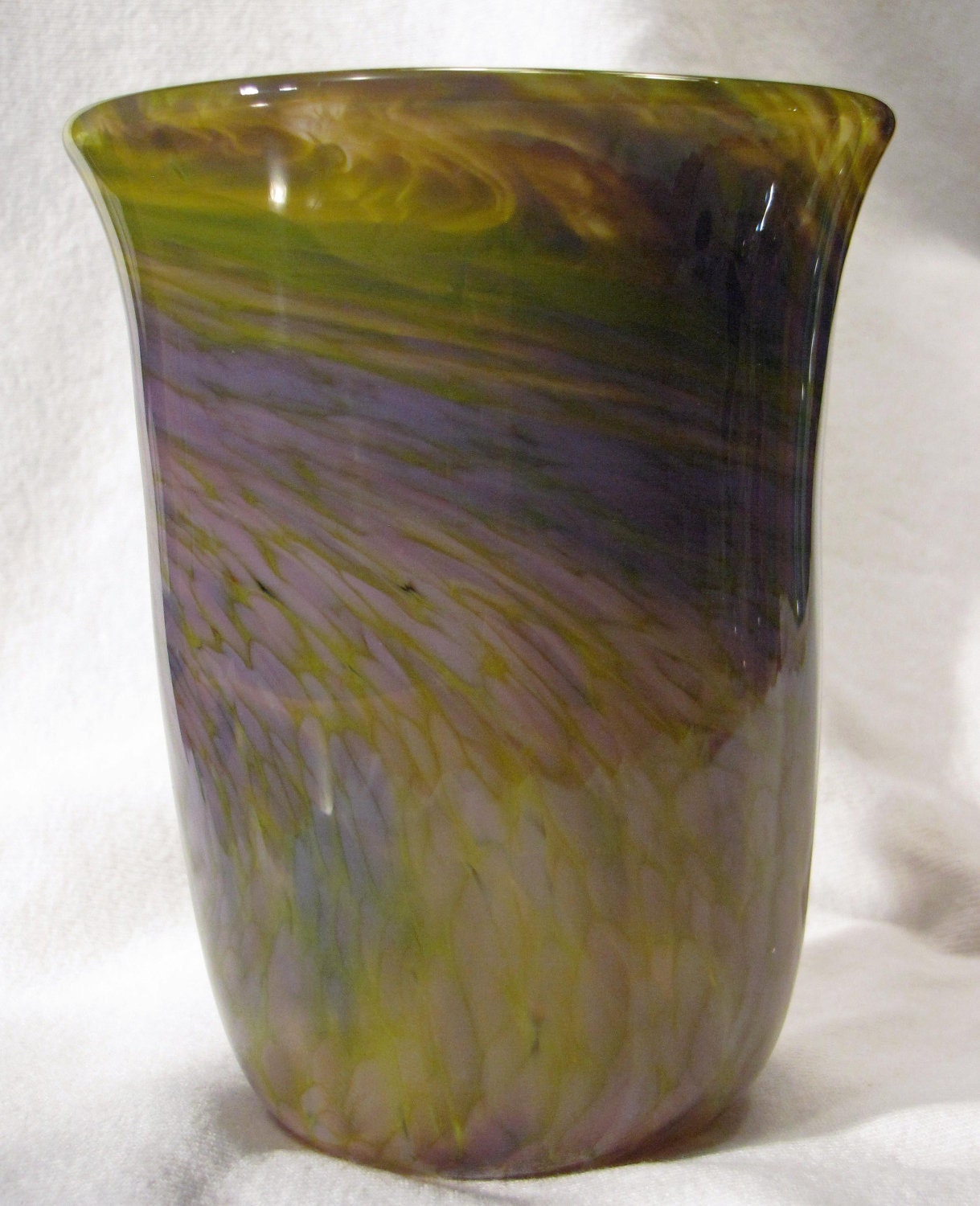 Hand Blown Glass Olive and Lilac Swirl Vase