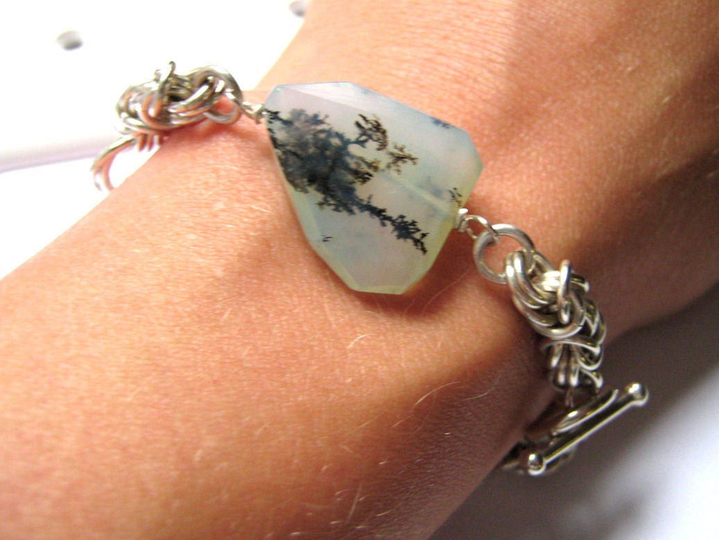 Sterling SIlver Byzantine Bracelet, Peruvian Blue Opal Jewelry, Rose Chainmaille