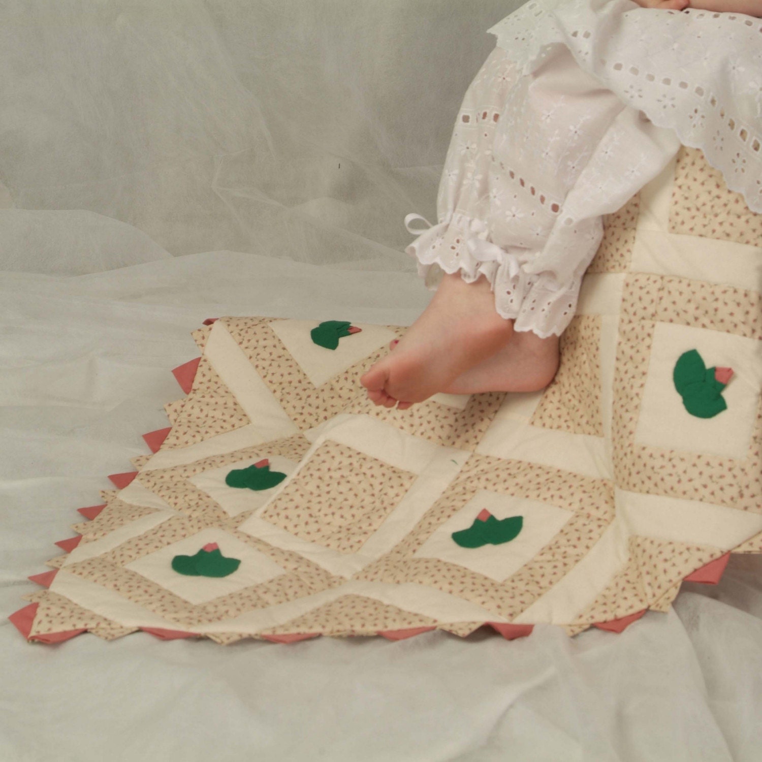 Cradle or Carriage Quilt, Hand Applique, Blush Pink and Cream, Rose Buds, 41 by 31 inches