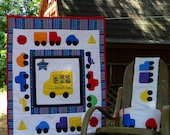 Heirloom Crib Quilt, Cars Trucks and Bikes, Primary Colors, 40x32 inches