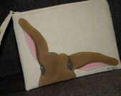 GOTS-Organic Cotton Hand Painted Bunny Clutch with Zipper Closure,  Peek-a-Boo Bunny, Fully Lined, 5.5 x 8 inches