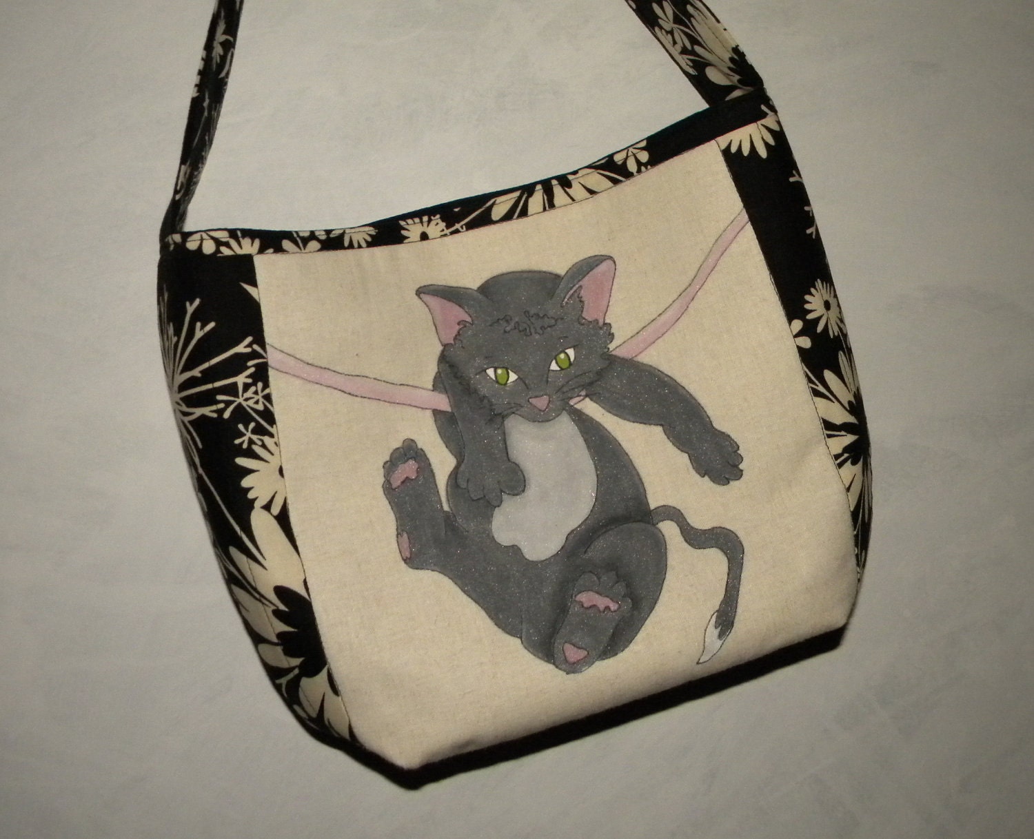 Hand Painted Shoulder Bag, Gray Kitten on Natural Linen, 13x11 inches, Black and Natural Funky Foral Print
